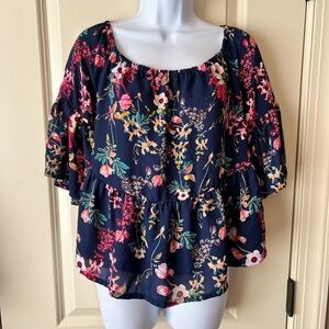 a.n.a Blue and Pink Floral Bell Sleeve Blouse